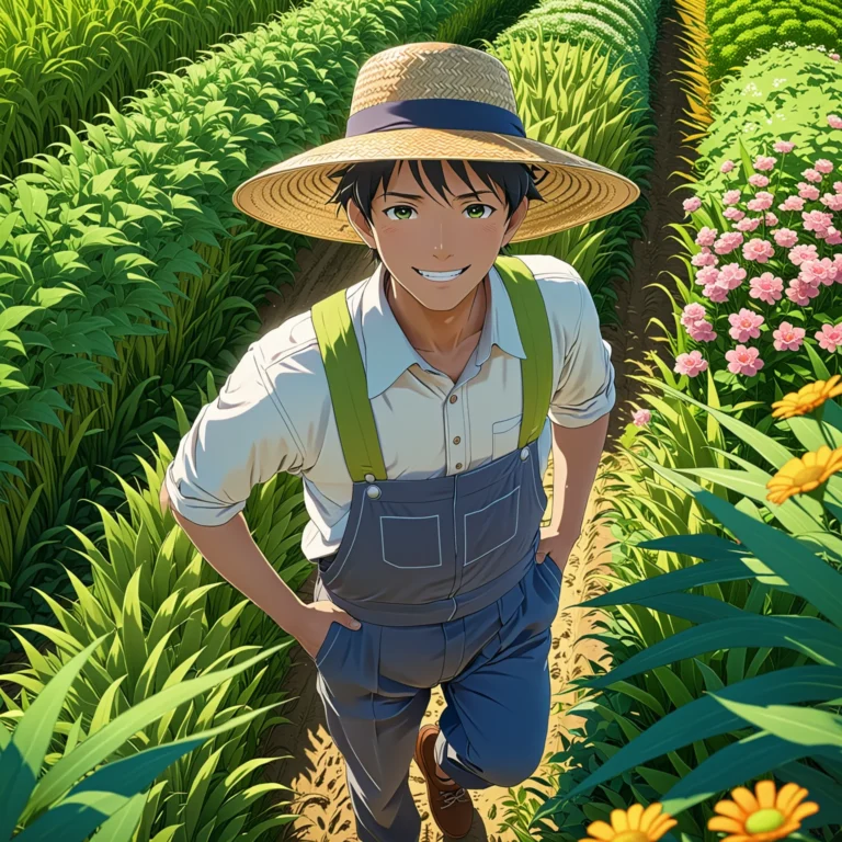 Cheerful Anime Farmer in Lush Crop Fields: A Vivid Illustration