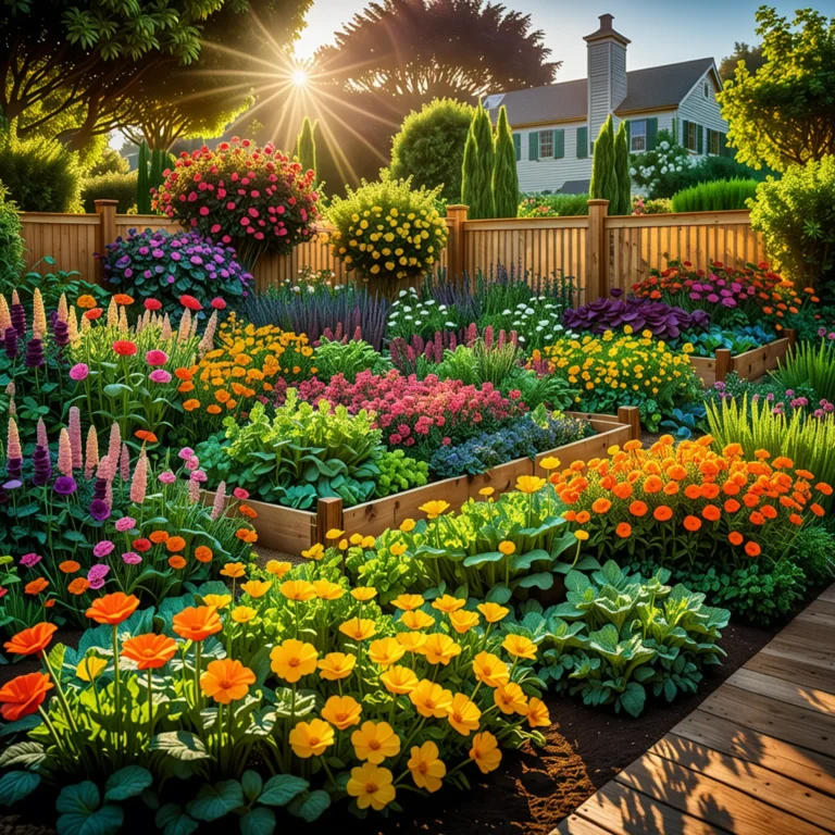 Enchanting Sunset Garden: Blossoming Flowers and Vegetables
