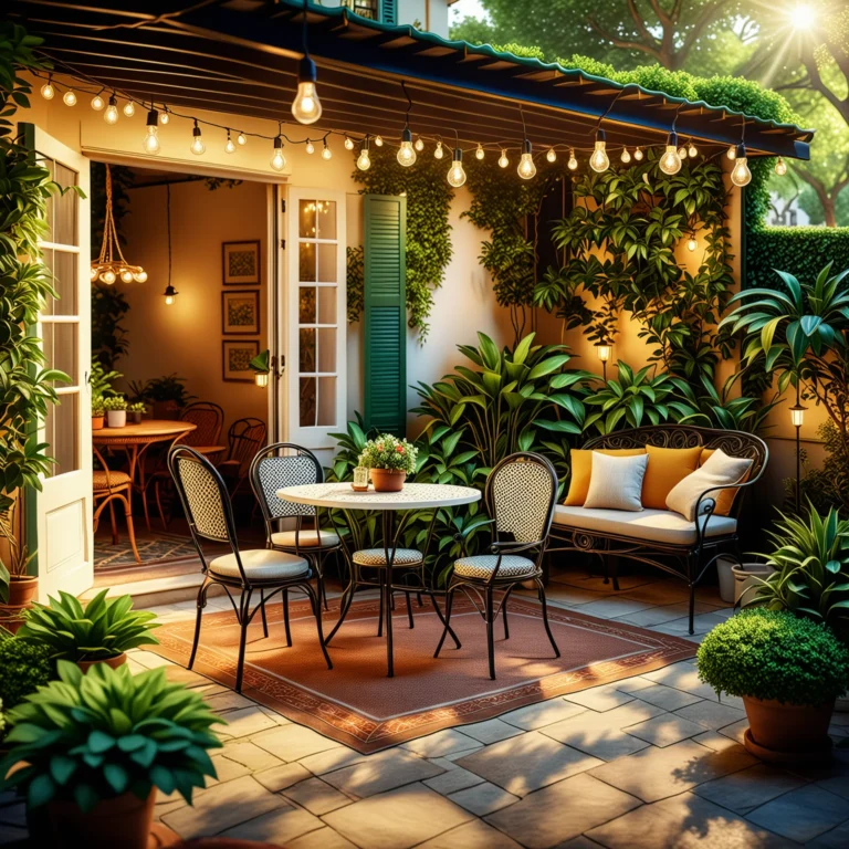 Vintage Patio Retreat: Timeless Charm with Lush Foliage & Twinkling Fairy Lights