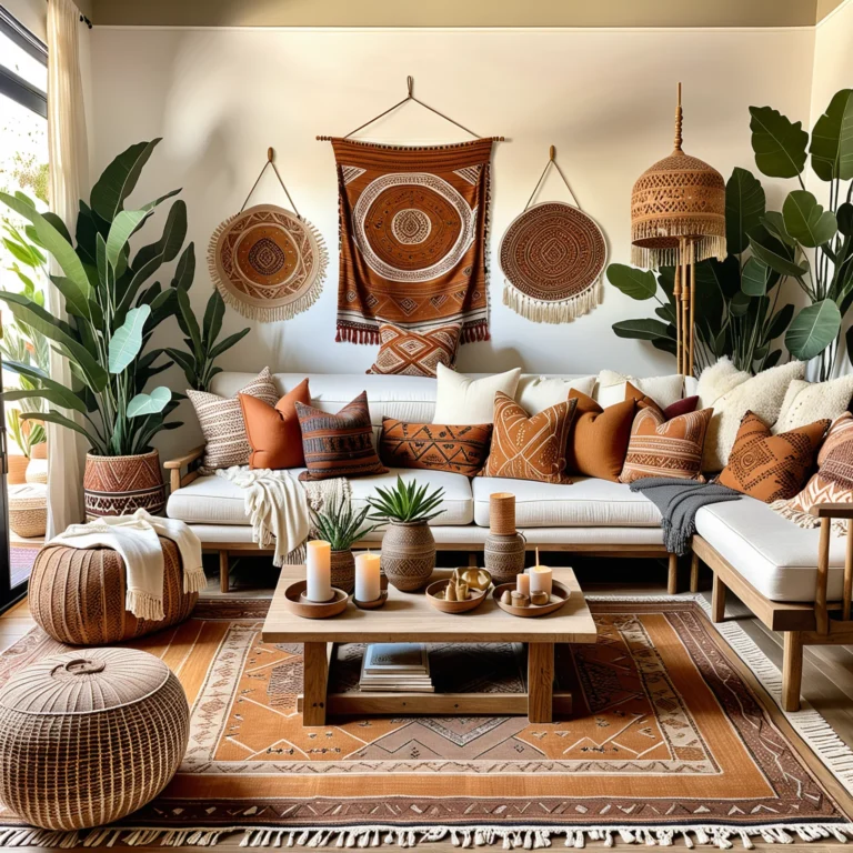 Inviting Bohemian Living Room: Cozy Fabrics & Warm Lighting